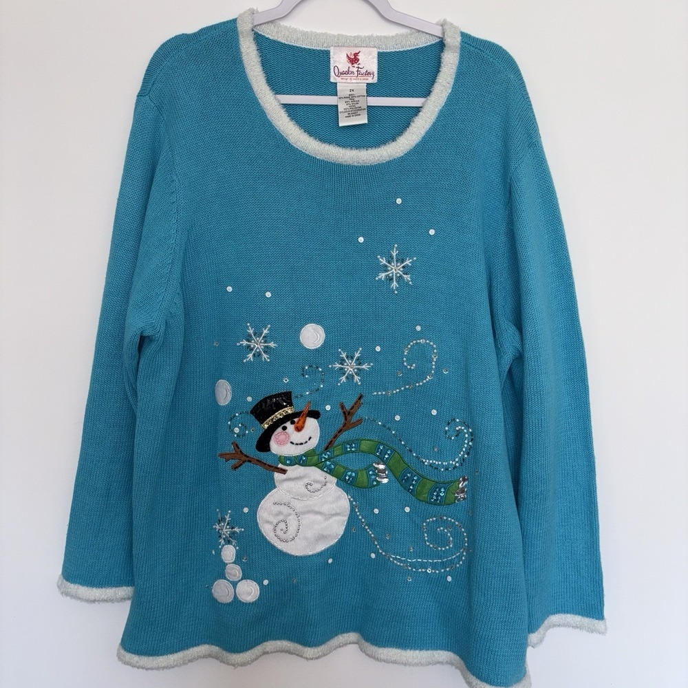 Quaker Factory Sweater Christmas Snowman Lightup Blue White Trim Size 2X Works‎